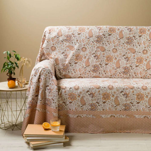Telo Arredo Grandecor multiuso Narciso di Caleffi, in puro cotone. Utilizzabile come copriletto, copridivano e copritavolo. Misura matrimoniale. Fantasia classica dai motivi floreali, colore ambra beige