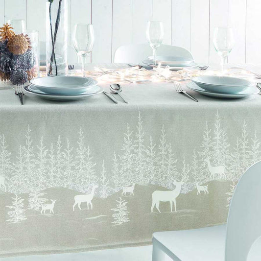 Tovaglia natalizia Natural Gabel in puro cotone. Colore Beige. Gantasia natale con abeti e renne. rettangolare per 8 persone, misura 150x220 cm