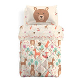 Trapunta invernale Caleffi Bosco in puro cotone per letto singolo. Piumone con fantasia per bambini con simpatici animali su fondo beige. Disponibile nella misura per letto singolo.