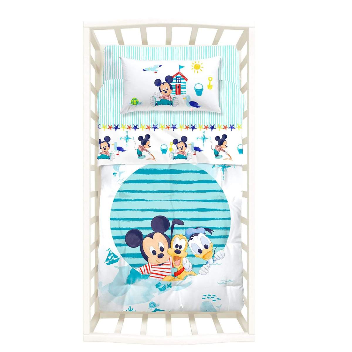 Set culla comprensivo di completo lenzuola, trapunta invernale e paracolpi in cotone Caleffi Disney. Fantasia Baby Mickey, con Topolino su fondo bianco.