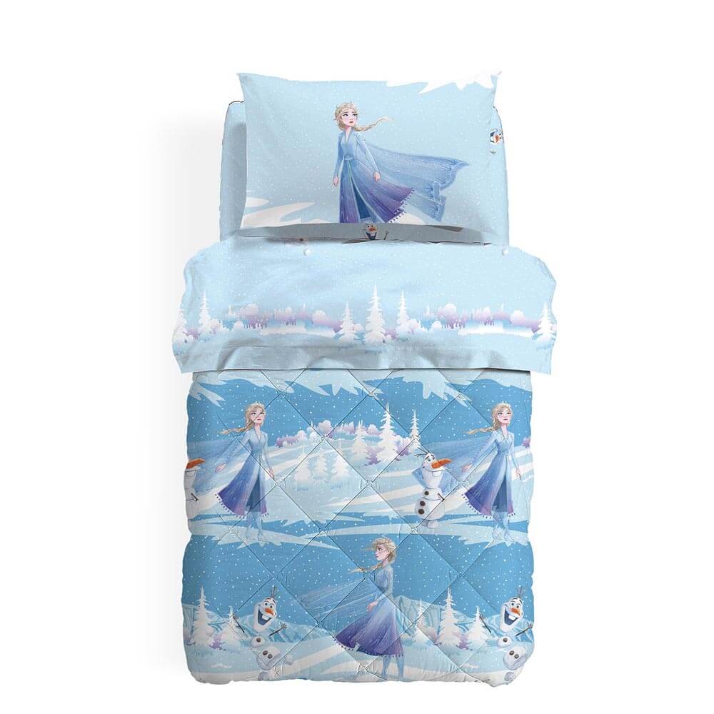Trapunta invernale Caleffi Disney Frozen Inverno  in microfibra per letto singolo e piazza e mezza. Fantasia con Elsa e Olaf, colore azzurro.