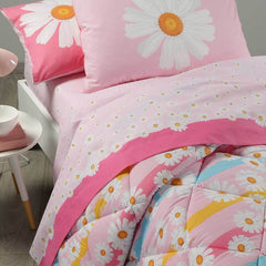 Trapunta invernale Caleffi Margherite in puro cotone per letto singolo. Fantasia floreale con margherite e righe colorate. per bambine e ragazze.