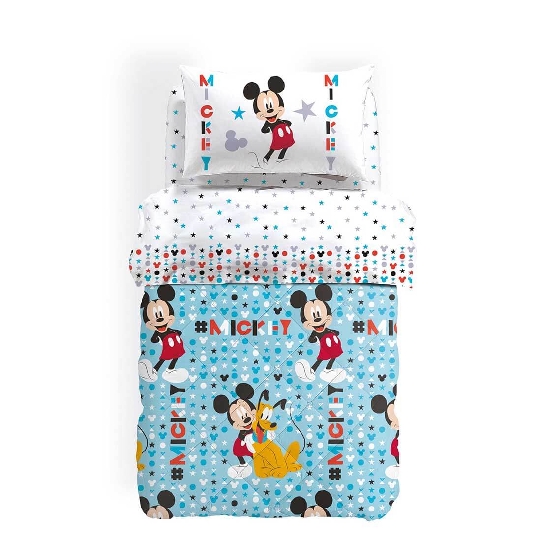 Trapunta invernale Caleffi Disney Mickey Stelle con Topolino in puro cotone, per letto singolo. Fantasia fondo azzurro con topolino e pluto.