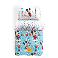 Trapunta invernale Caleffi Disney Mickey Stelle con Topolino in puro cotone, per letto singolo. Fantasia fondo azzurro con topolino e pluto.
