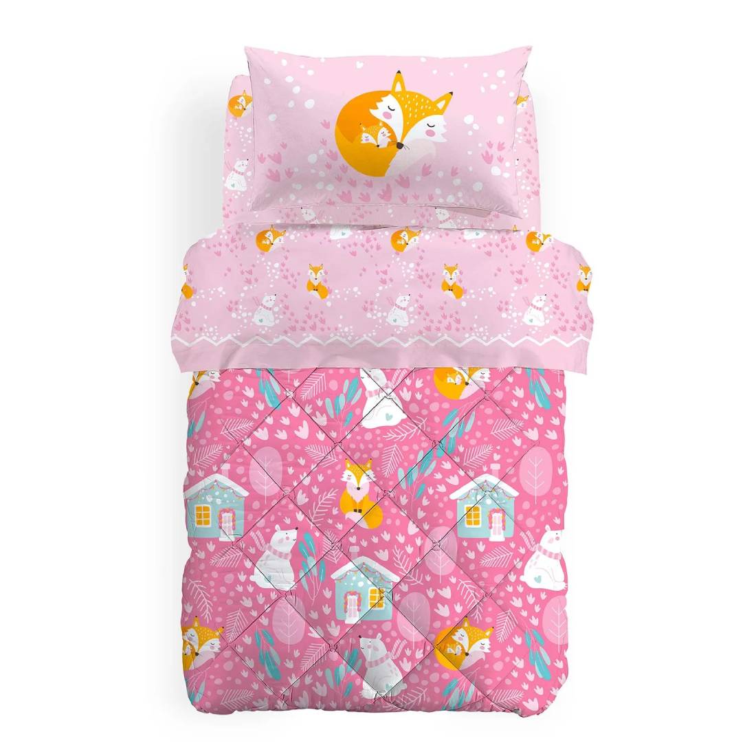 Trapunta invernale Caleffi Paesaggio in puro cotone per letto singolo. Fantasia per bambina con simpatici animali su fondo rosa. Disponibile nella misura per letto singolo
