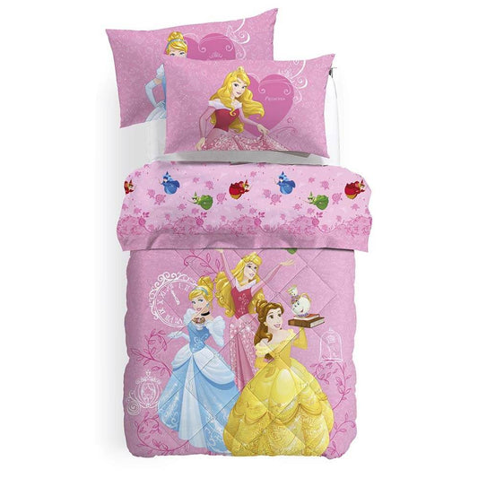 Trapunta invernale Caleffi Principesse in puro cotone, per letto singolo. Fantasia piazzata con stampa digitale con Aurora, Cenerentola e Belle