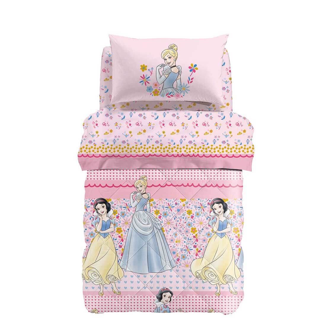 trapunta invernale da bambina Principesse caleffi disney per letto singolo e piazza e mezza in cotone. Fantasia rosa con Cenerentola e Biancaneve