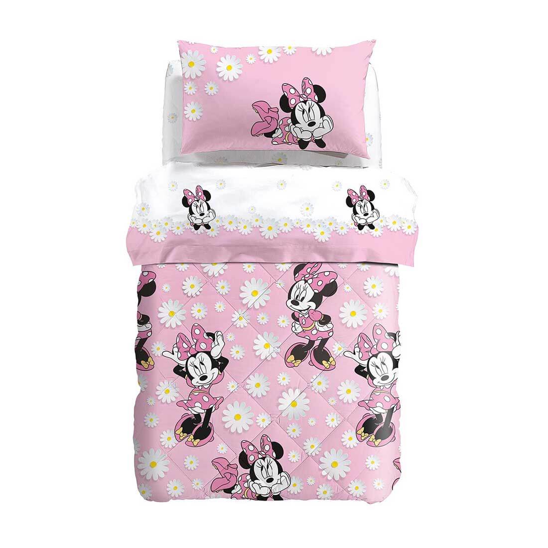 Completo lenzuola Minnie Margherite caleffi disney cotone letto singolo e piazza e mezza bambina con fiori. colore bianco e rosa.
