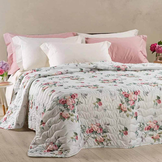 Trapuntino Caleffi Botticelli in microfibra per letto singolo e matrimoniale. Romantica fantasia floreale con rose su fondo chiaro.
