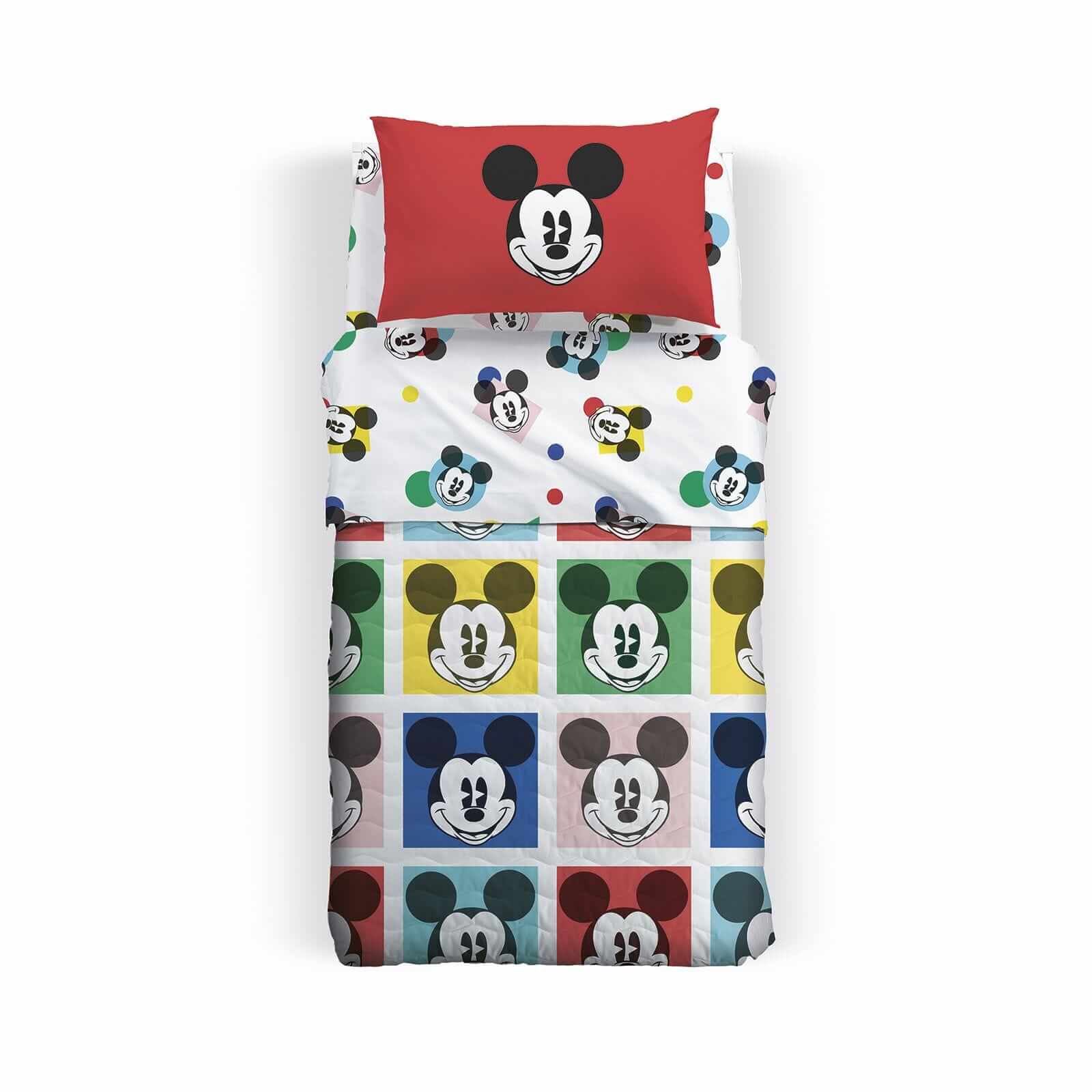 Trapuntino Caleffi Disney Mickey Colors con Topolino in puro cotone. Fantasia per bambino disponibile nella misura per letto singolo e piazza e mezza.