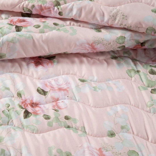 Trapunta primaverile Caleffi Flores in microfibra, per letto singolo e matrimoniale. Trapuntino con romantica fantasia floreale con rose su fondo rosa