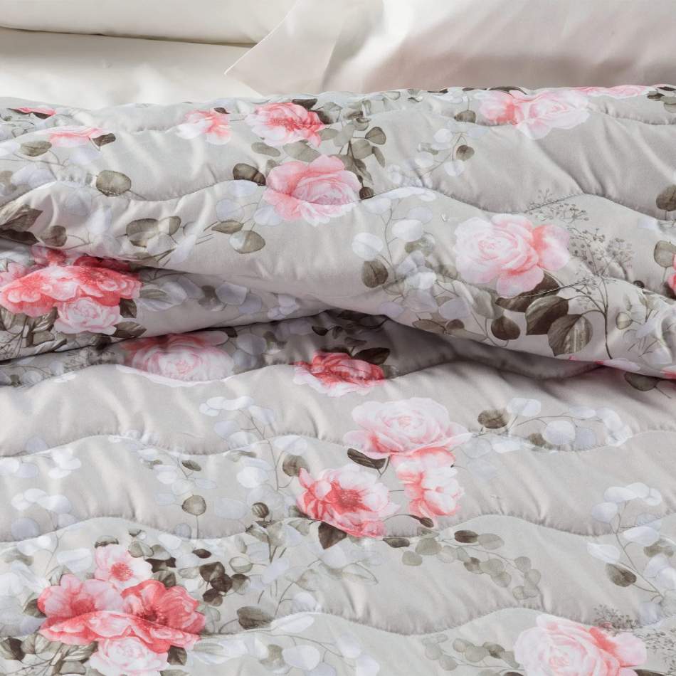 Trapunta primaverile Caleffi Flores in microfibra, per letto singolo e matrimoniale. Trapuntino con romantica fantasia floreale con rose su fondo tortora