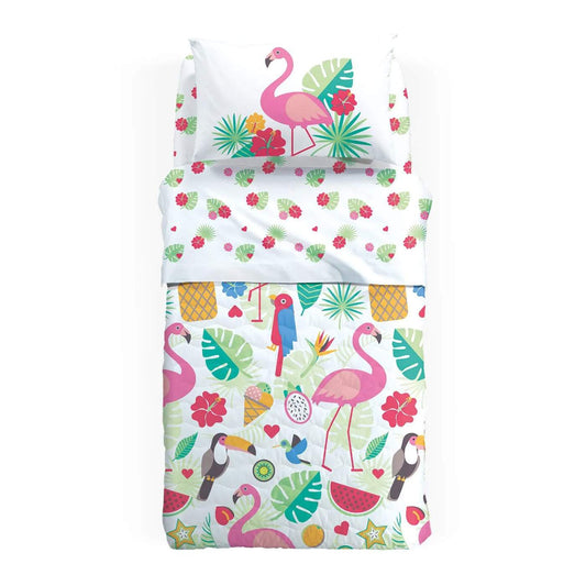 Trapuntino e lenzuolo Caleffi Fiesta in puro cotone per letto singolo.   Simpatica fantasia con fenicotteri e altri animali e oggetti vivaci e colorati. Ideale per bambina e ragazza.