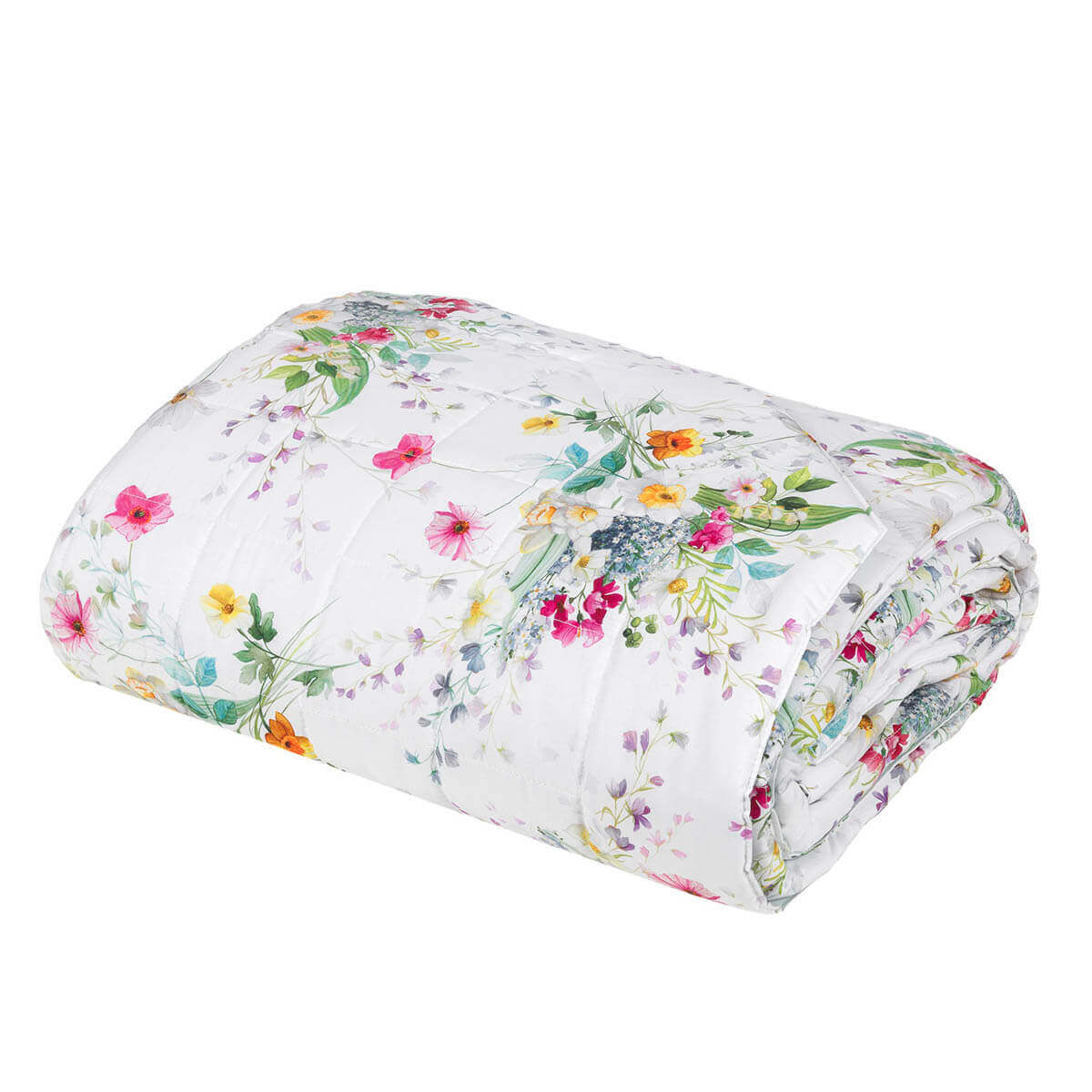 Trapuntino matrimoniale Fazzini Joy in percalle di cotone. Fantasia floreale con fiori colorati su fondo bianco. Collezione primavera estate 2021.