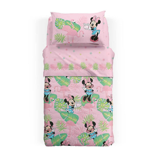 Trapuntino per bambina minnie palm spring rosa in cotone per letto singolo